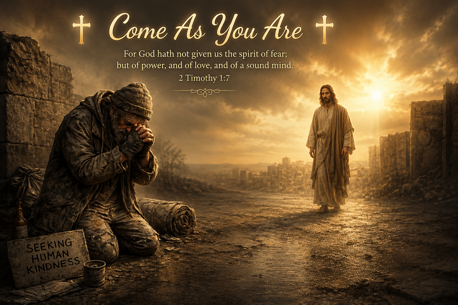 Come As You Are header with Jesus standing near a praying man