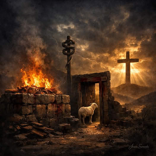 Lamb near an altar with the cross shining behind it